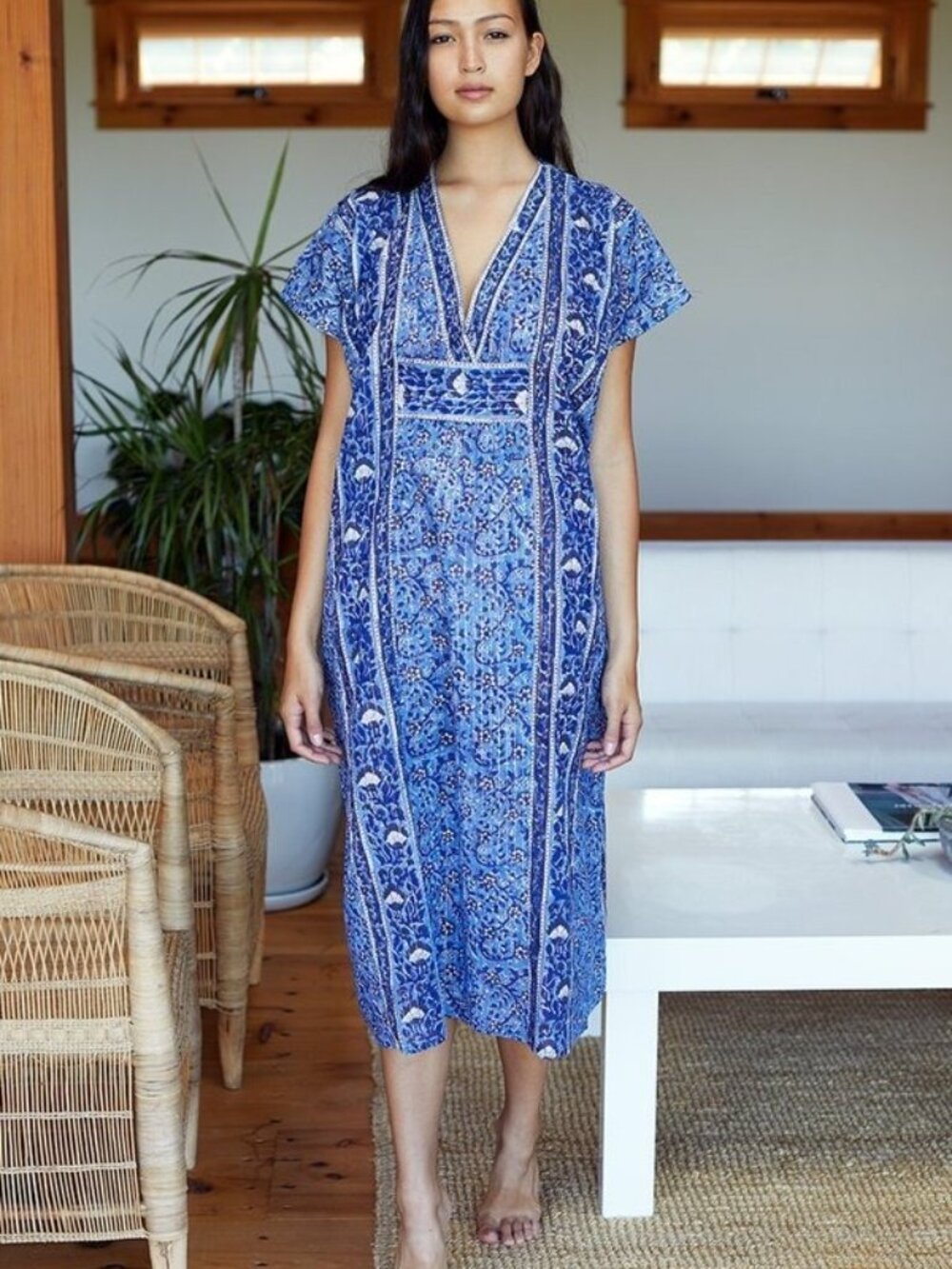 Emerson Fry Francina Floral V Neck Caftan Dress Boho Chic Resort Blue - One Size